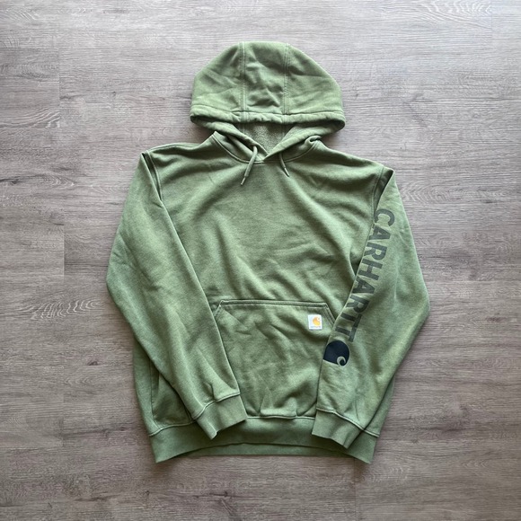 Carhartt Other - Carhartt Mens Loose Fit Spell Out Sleeve Logo Hoodie Olive Green L Fleece